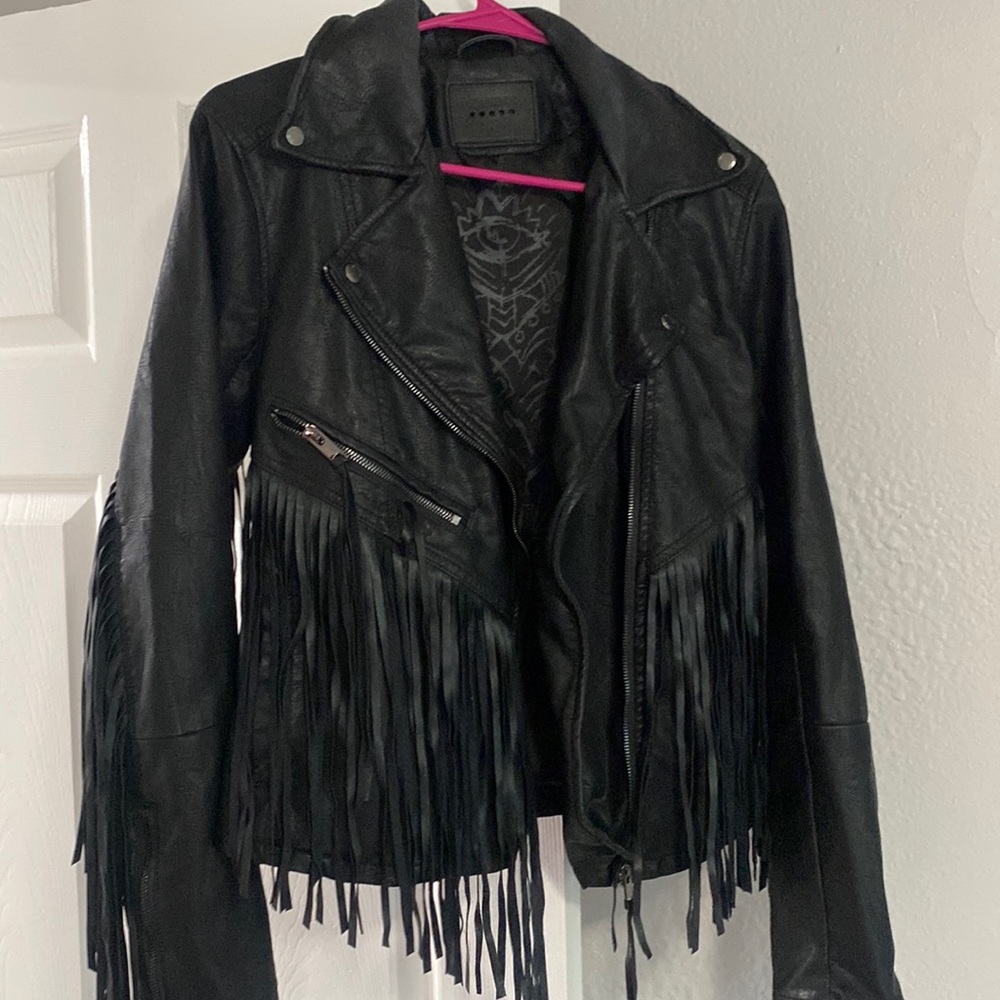 Vegan leather blanknyc fringe coat, super cool